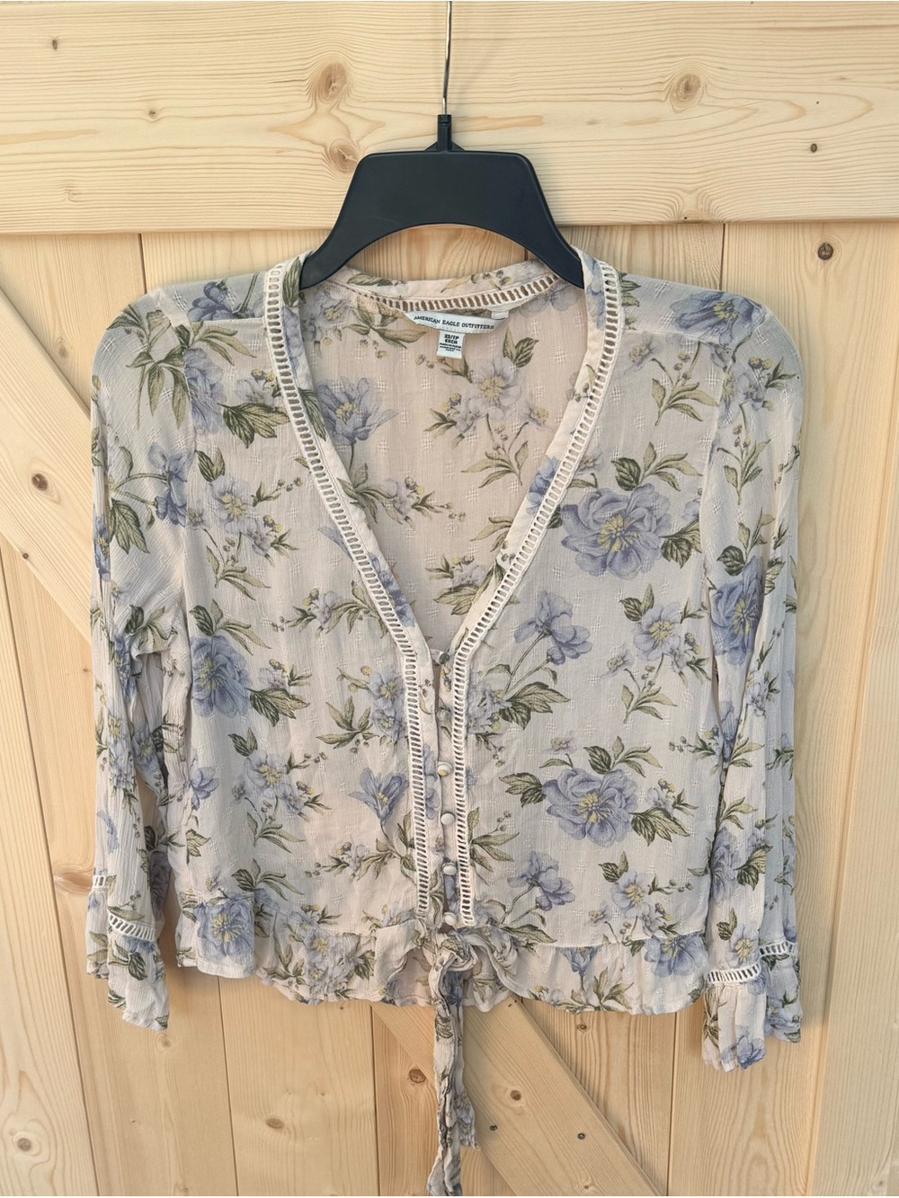 American Eagle Outfitters Light Blue Floral Tie-Front Sheer Blouse - Picture 1 of 7